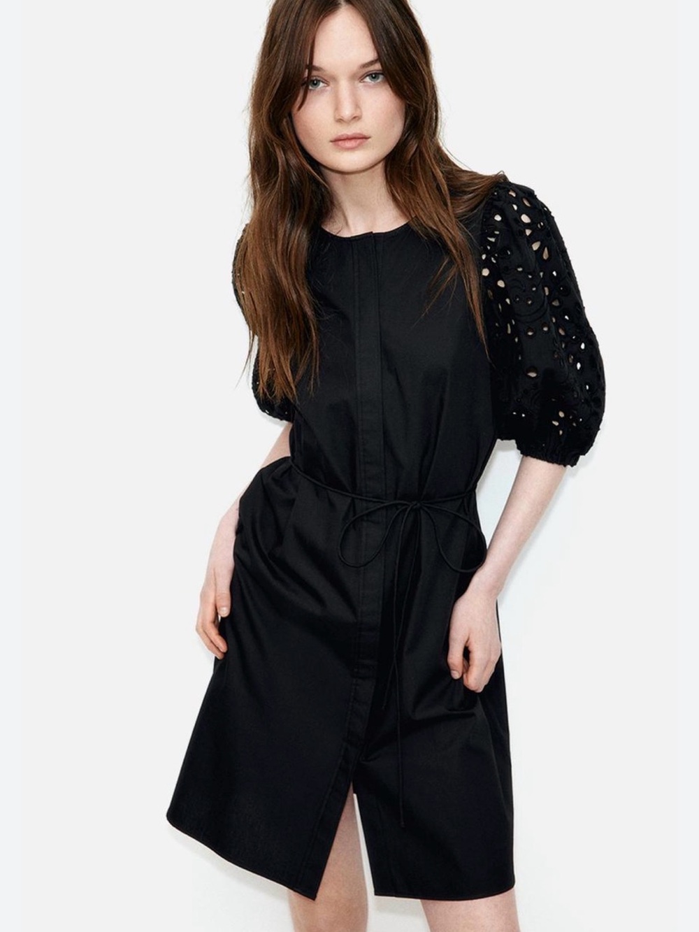 Black Eyelet Sleeve Tie-Waist Dress